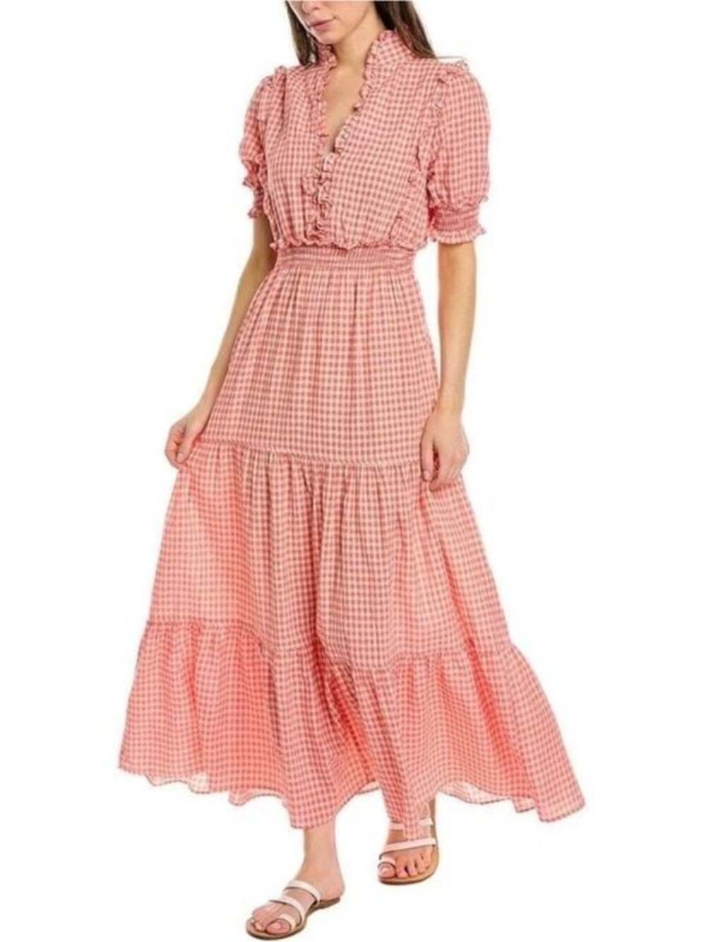 Max Studio Smocked Red Gingham Maxi Dress with Ruffle Trim
